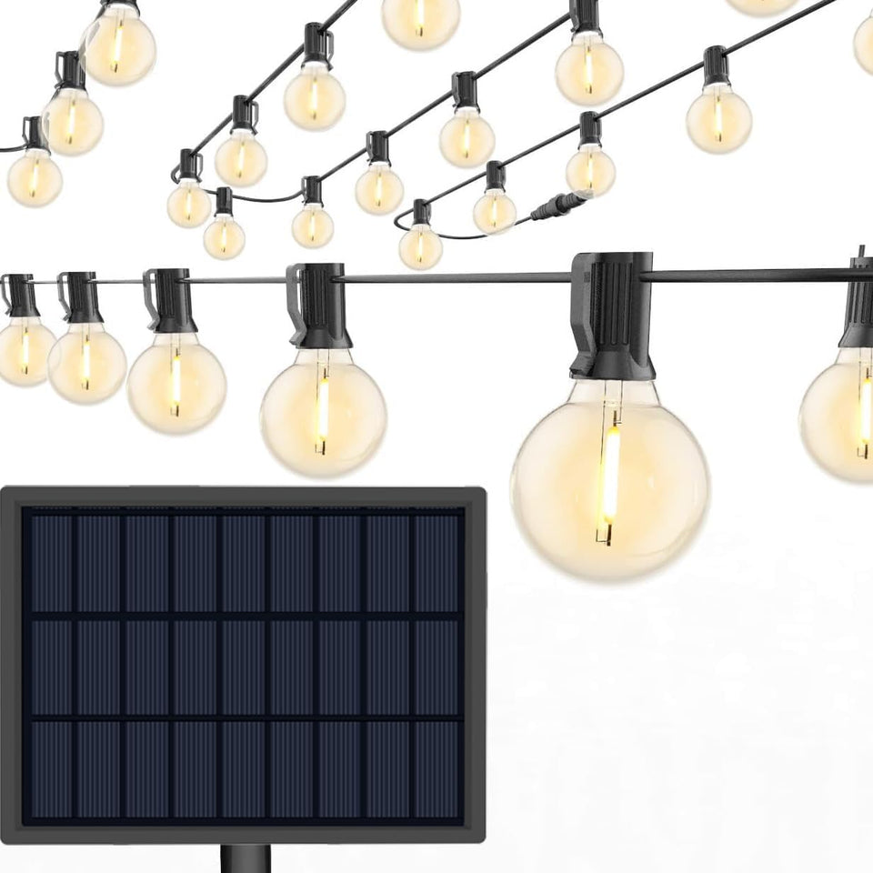 Sunlitec solar string lights show 50 ft length with 30 bulbs for outdoor ambiance