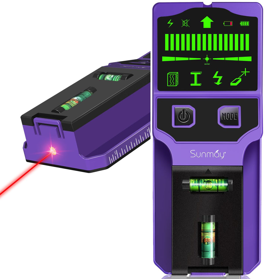 SUNMAY stud finder with laser level showing cross-lines for precise mounting
