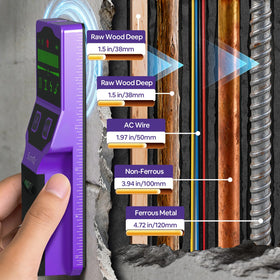 SUNMAY Stud Scan, Metal Scan, and AC Scan modes in use behind wall