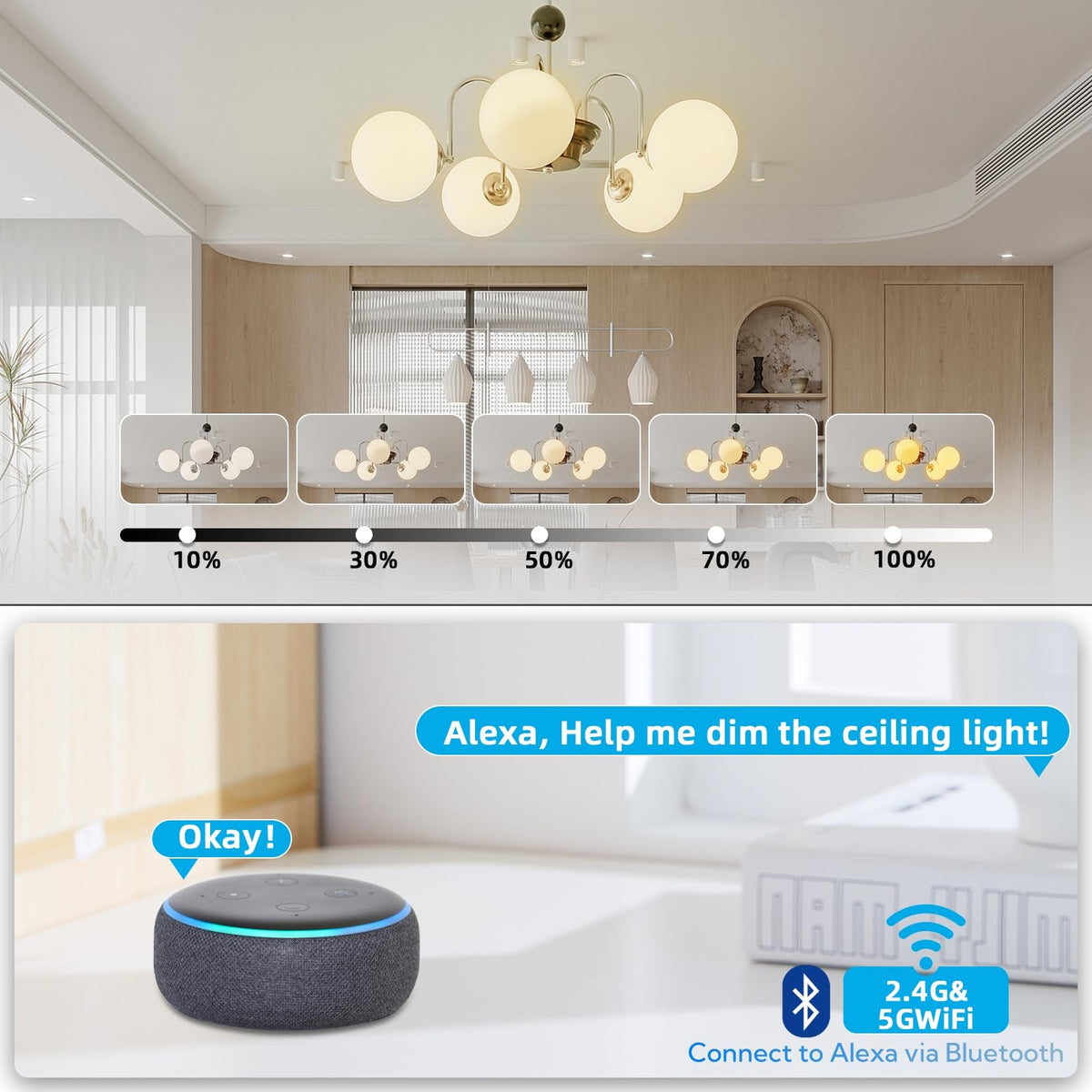 Dimmable bulbs supported include LED/CFL options.
