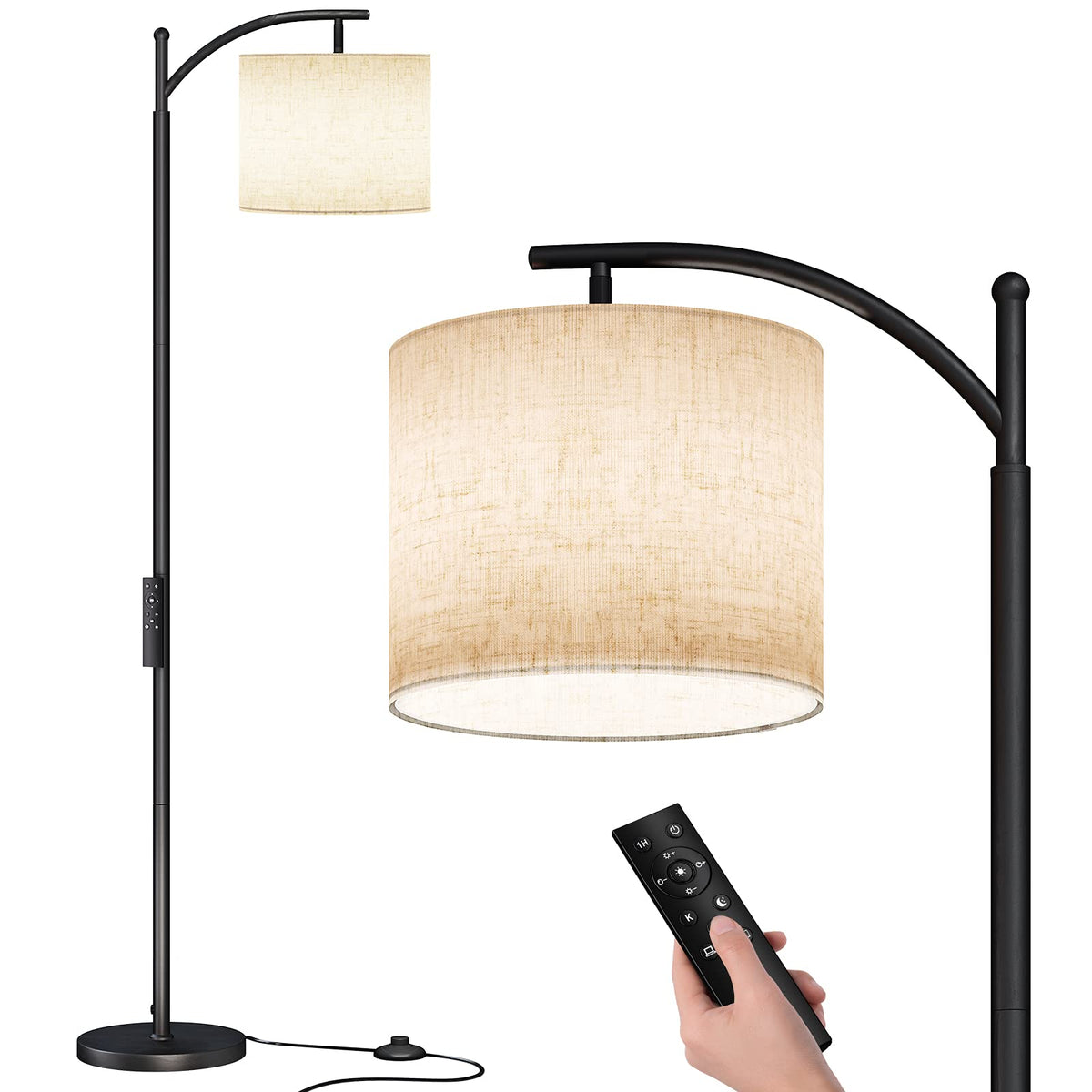 SUNMORY Arc Floor Lamp with black base provides warm ambient lighting for cozy living spaces.