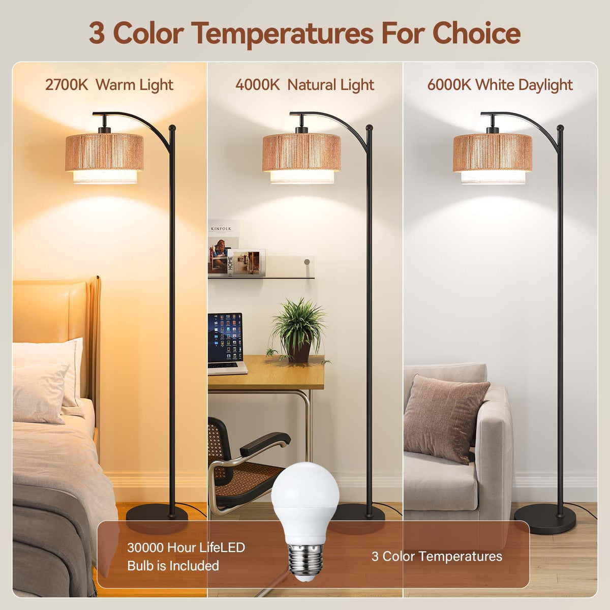 SUNMORY arc floor lamp with fabric shade provides soft reading light.