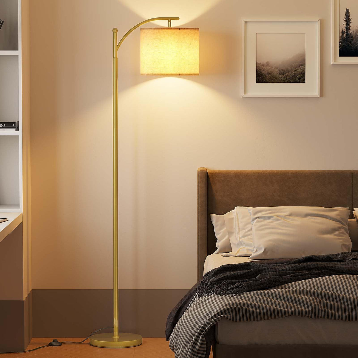 SUNMORY living room setup featuring a modern gold arc floor lamp
