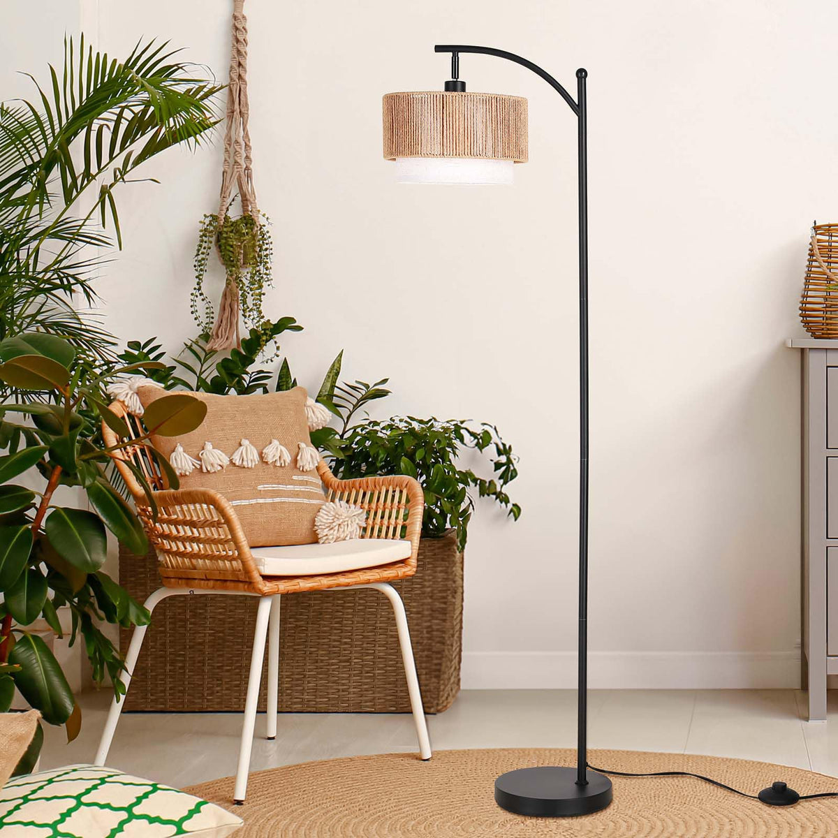 SUNMORY arc lamp enhances living room setup with versatile design options.