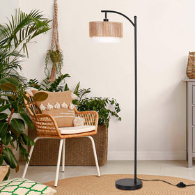 SUNMORY arc lamp enhances living room setup with versatile design options.