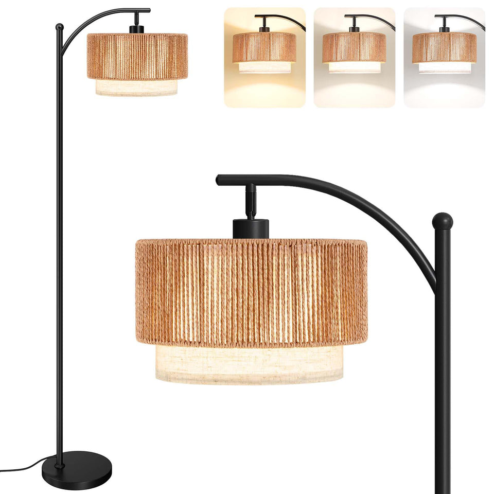 SUNMORY arc floor lamp with a rattan shade adds cozy living room ambiance.