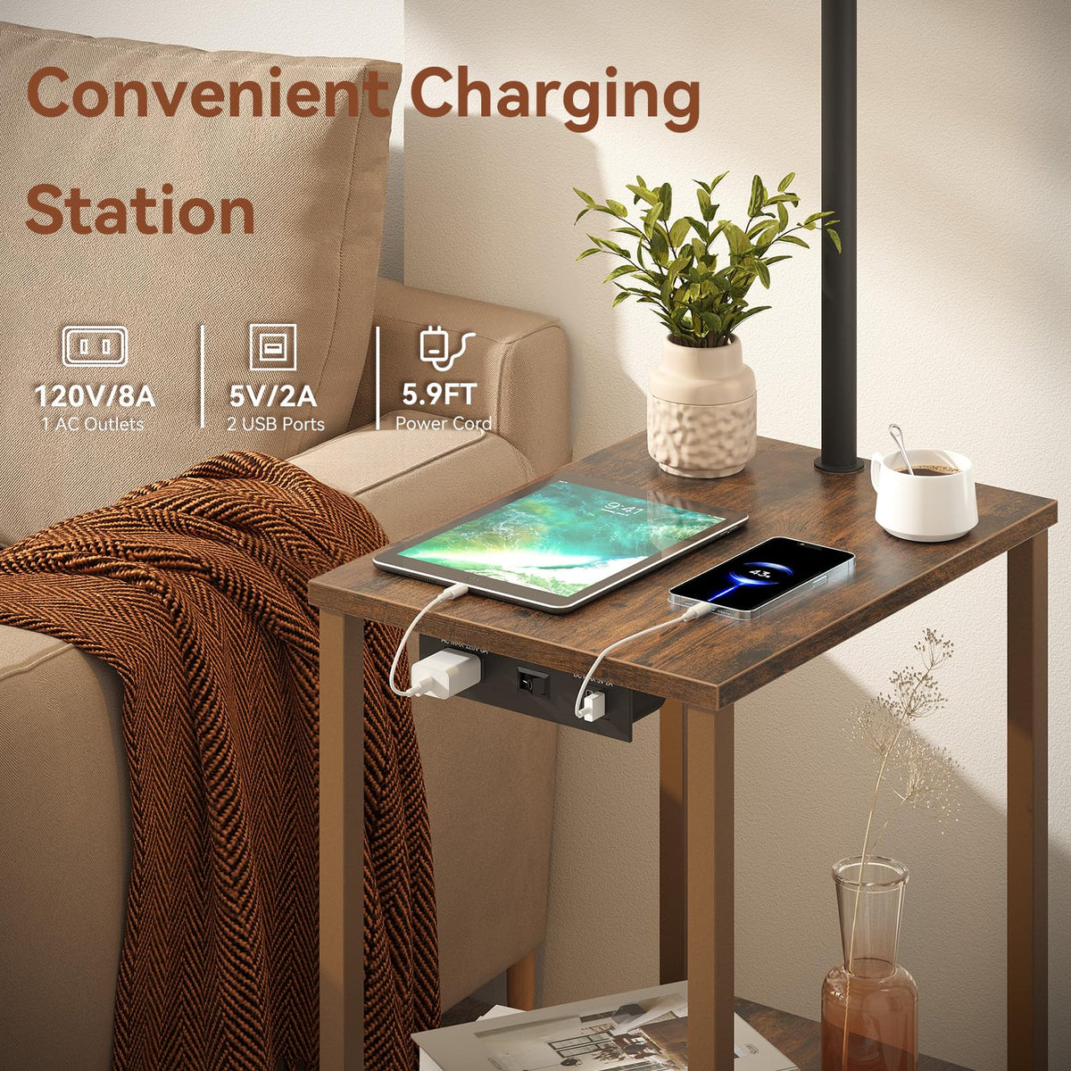 SUNMORY end table with USB and AC ports for easy device charging