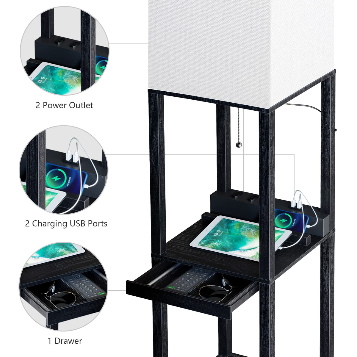 SUNMORY lamp with 3 shelves and a drawer for items.