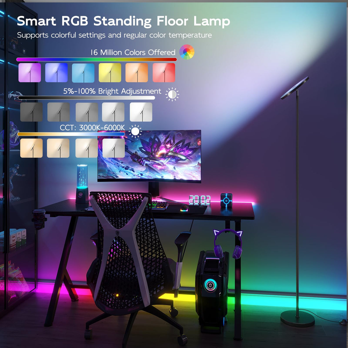 SUNMORY floor lamp app control scene demonstrates quick color and brightness changes