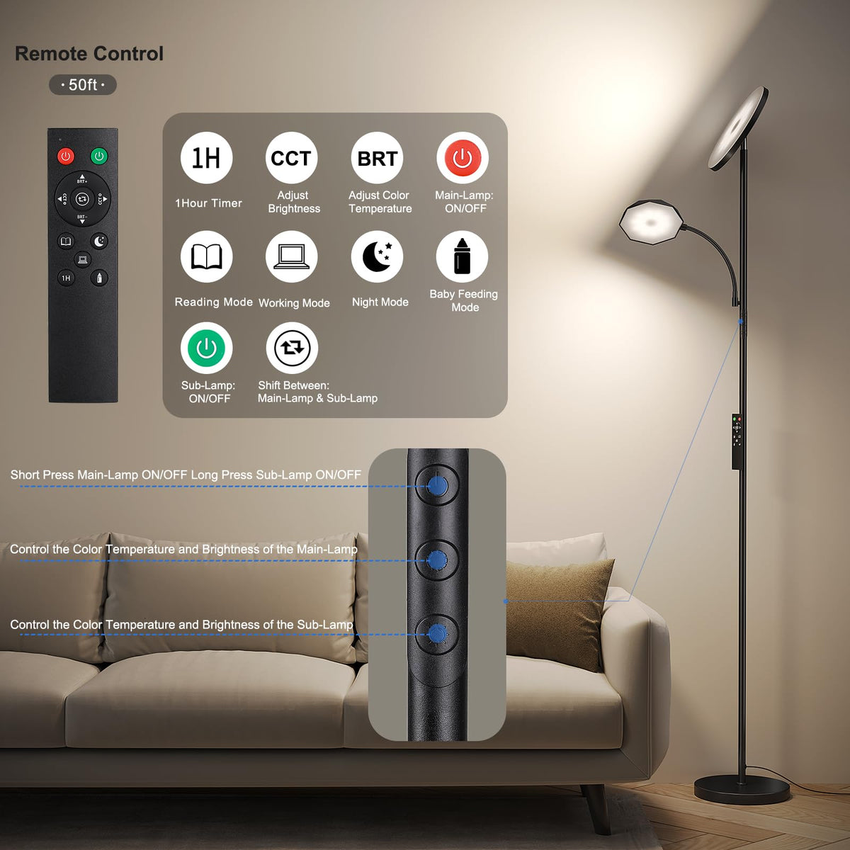 SUNMORY floor lamp rotatable head for flexible light direction.