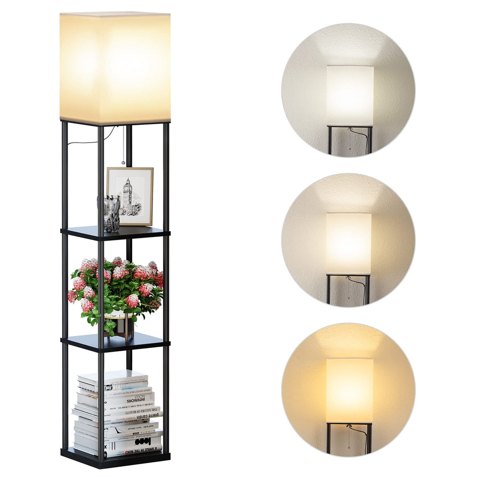 SUNMORY floor lamp with shelves provides ambient light and practical corner storage.