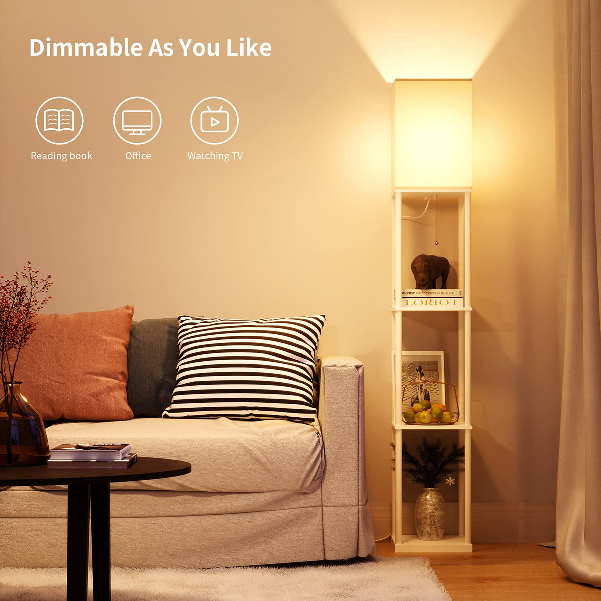 SUNMORY floor lamp corner placement showing space-saving setup
