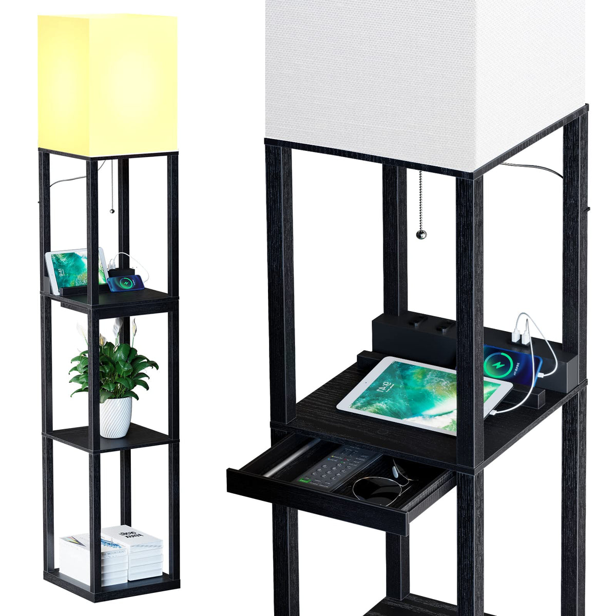 SUNMORY floor lamp with shelves and drawer beside seating.