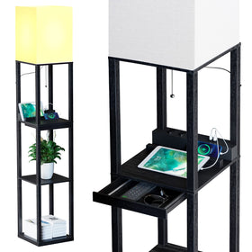 SUNMORY floor lamp with shelves and drawer beside seating.