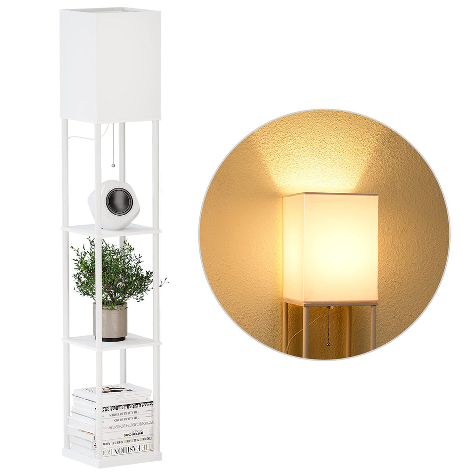 SUNMORY floor lamp with shelves, front view, highlighting generous storage