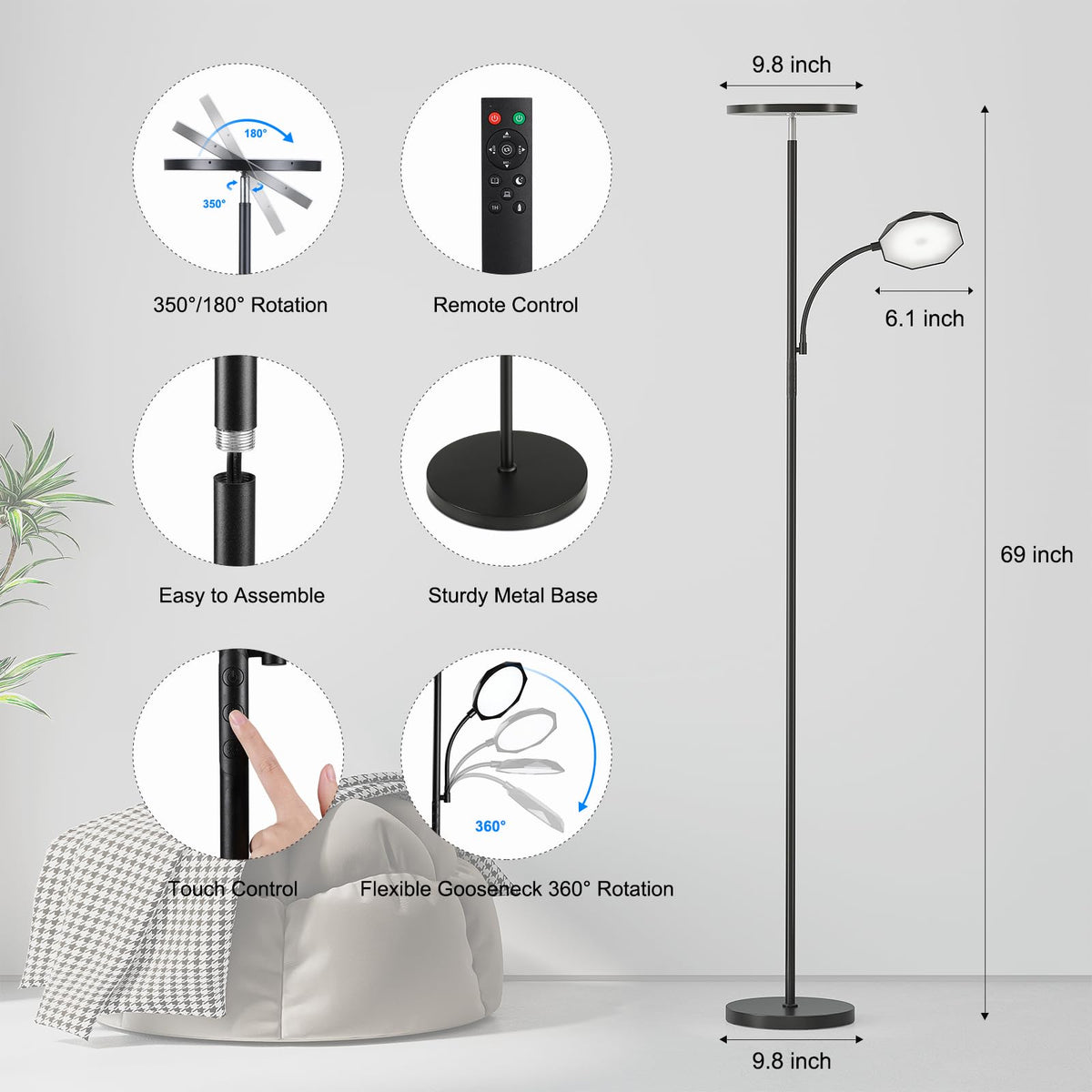 SUNMORY floor lamp stepless dimming and color temperature control.