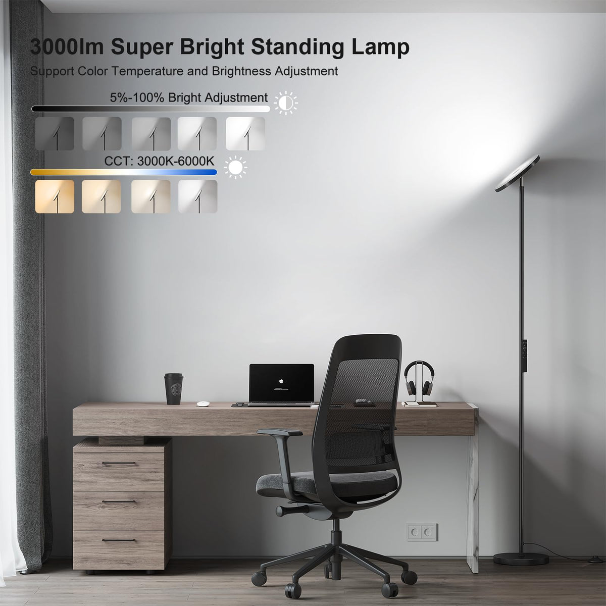 SUNMORY LED floor lamp showing stepless dimming and adjustable color temperature for tailored ambiance