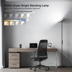 SUNMORY LED floor lamp showing stepless dimming and adjustable color temperature for tailored ambiance