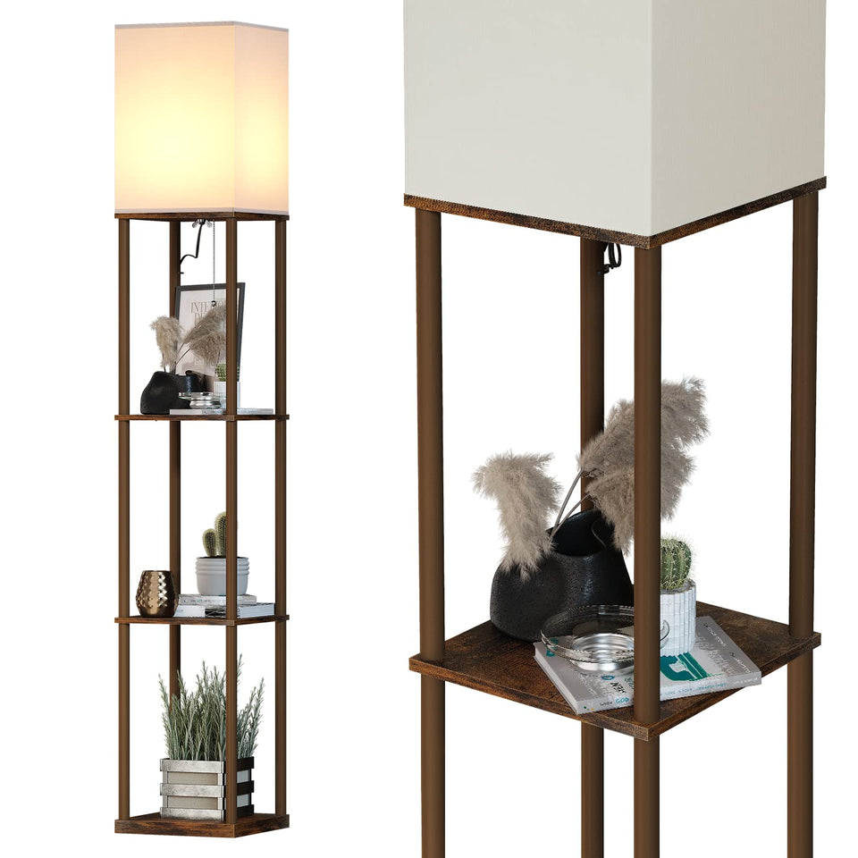 SUNMORY floor lamp with shelves in rustic brown, assembled for living room display.