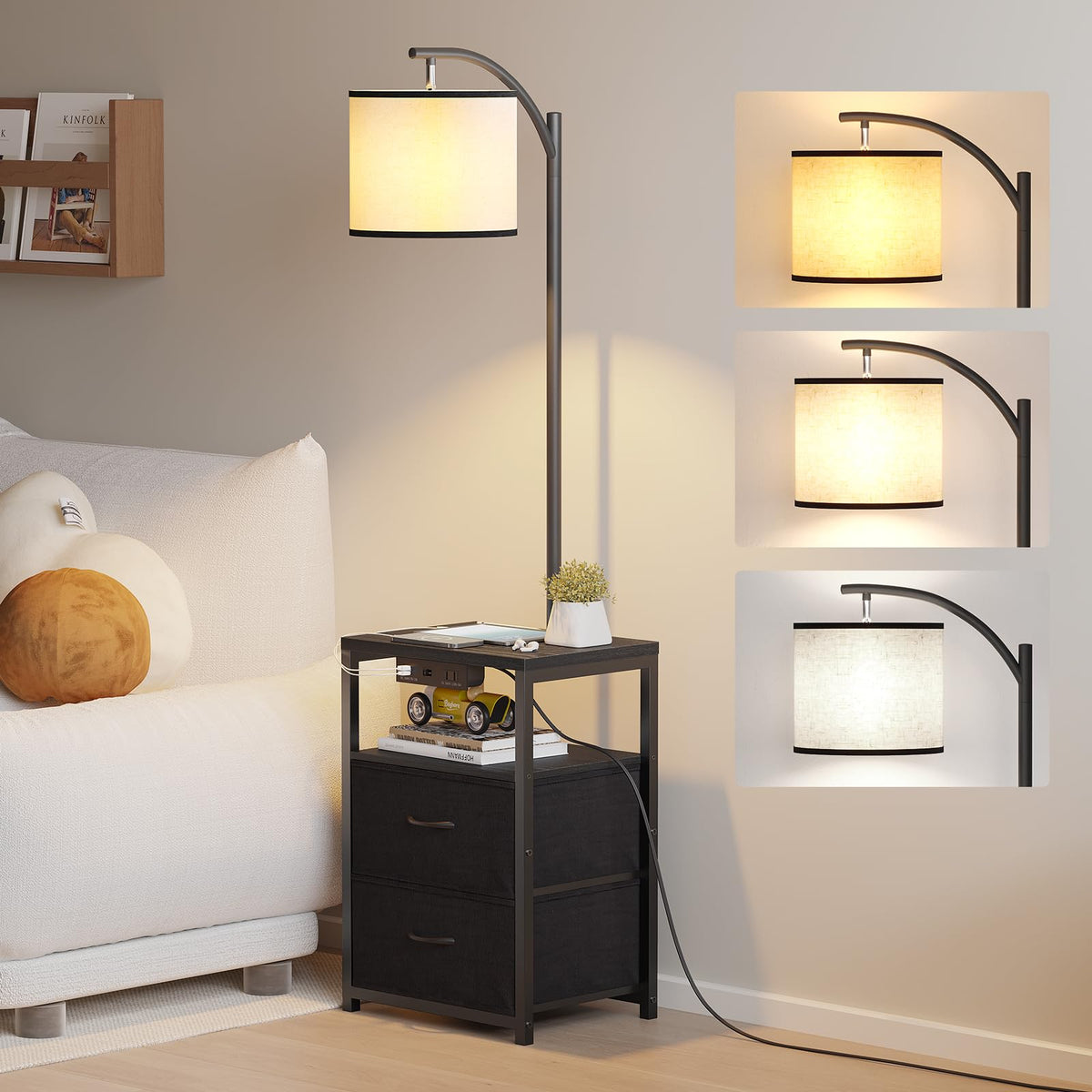 SUNMORY floor lamp with table and drawers, front view showing organized bedside setup.