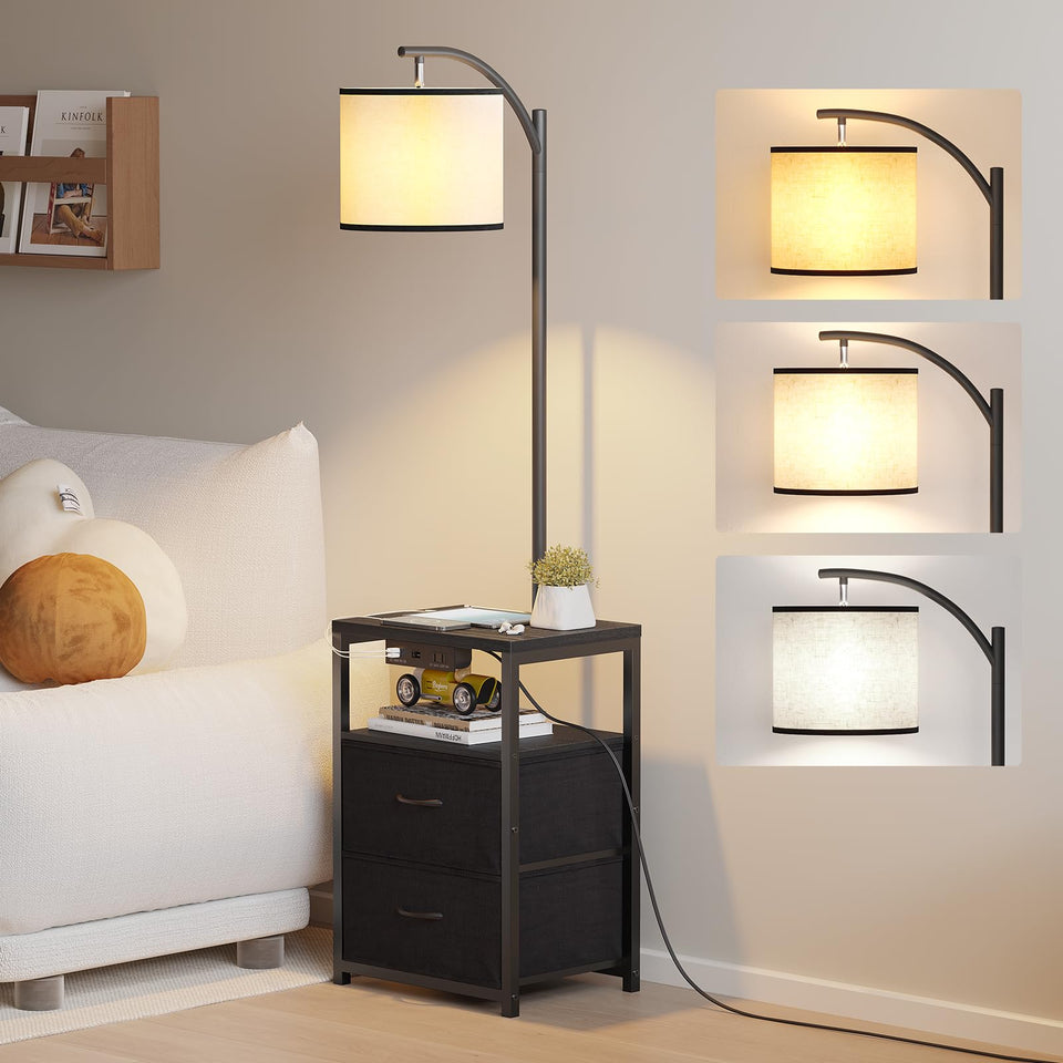 SUNMORY floor lamp with table and drawers, front view showing organized bedside setup.
