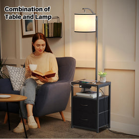 SUNMORY floor lamp with table and drawers, side view highlighting compact footprint.