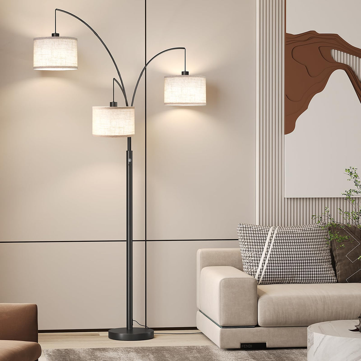 SUNMORY linen drum shade creates a warm, diffused glow in any room.