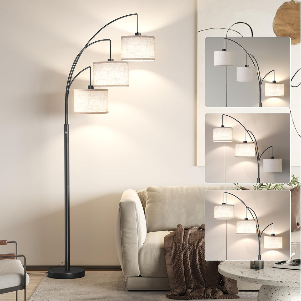 SUNMORY three-lights arc floor lamp provides flexible ambient and task lighting for living spaces.