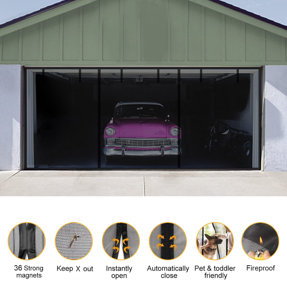 Sunmoxia garage screen magnetic closure close-up demonstrating automatic self-closing for hands-free pass-through
