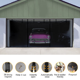 Sunmoxia garage screen magnetic closure close-up demonstrating automatic self-closing for hands-free pass-through