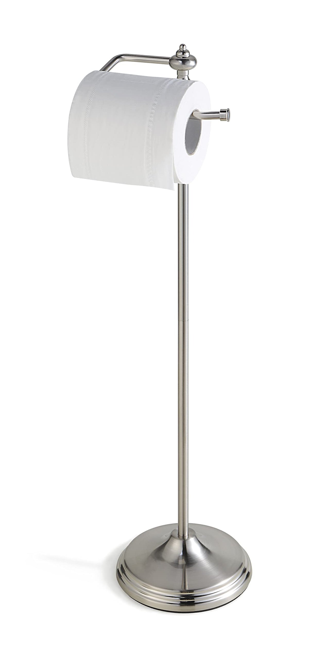 SunnyPoint free-standing toilet roll holder with satin nickel base demonstrating stable stand