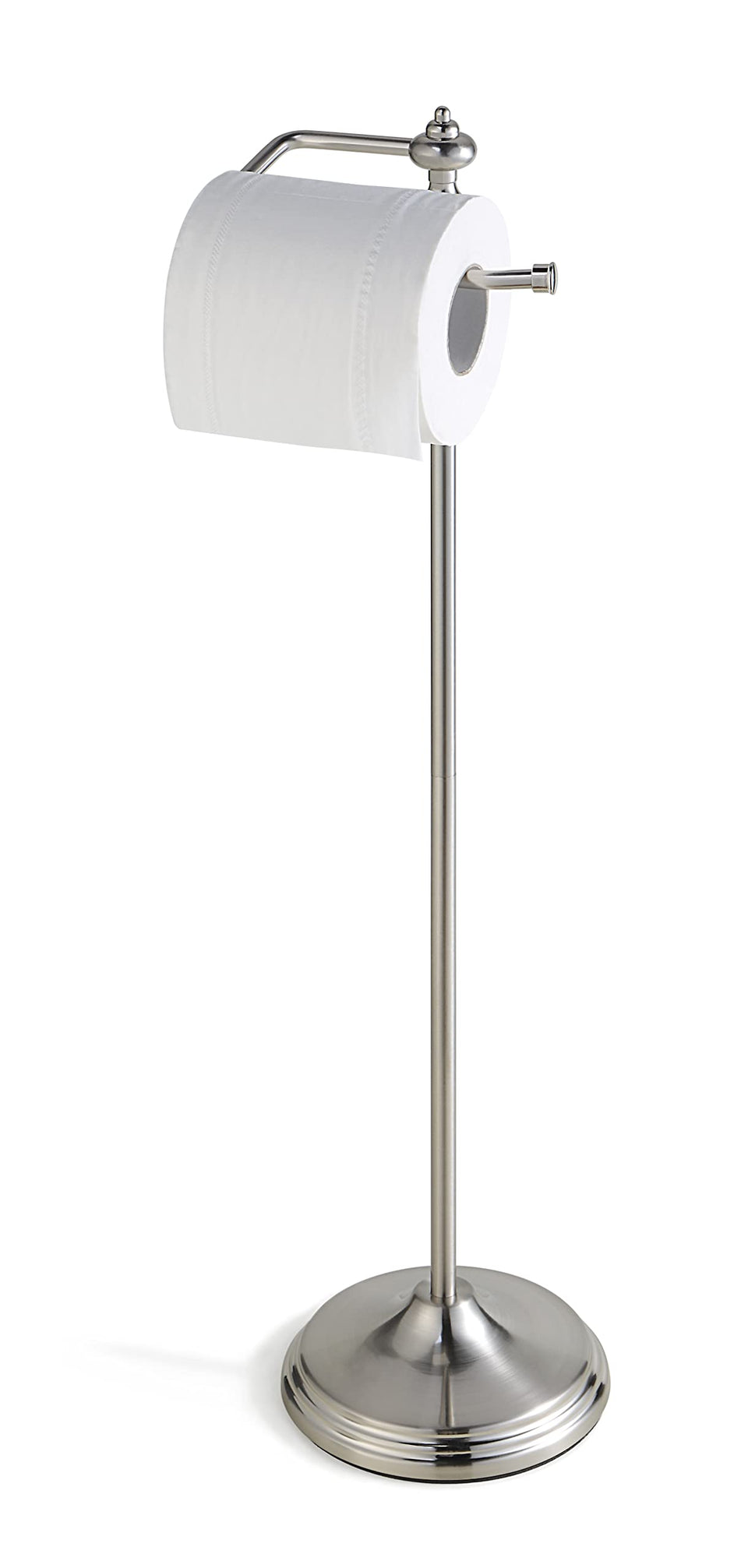 SunnyPoint free-standing toilet roll holder with satin nickel base demonstrating stable stand