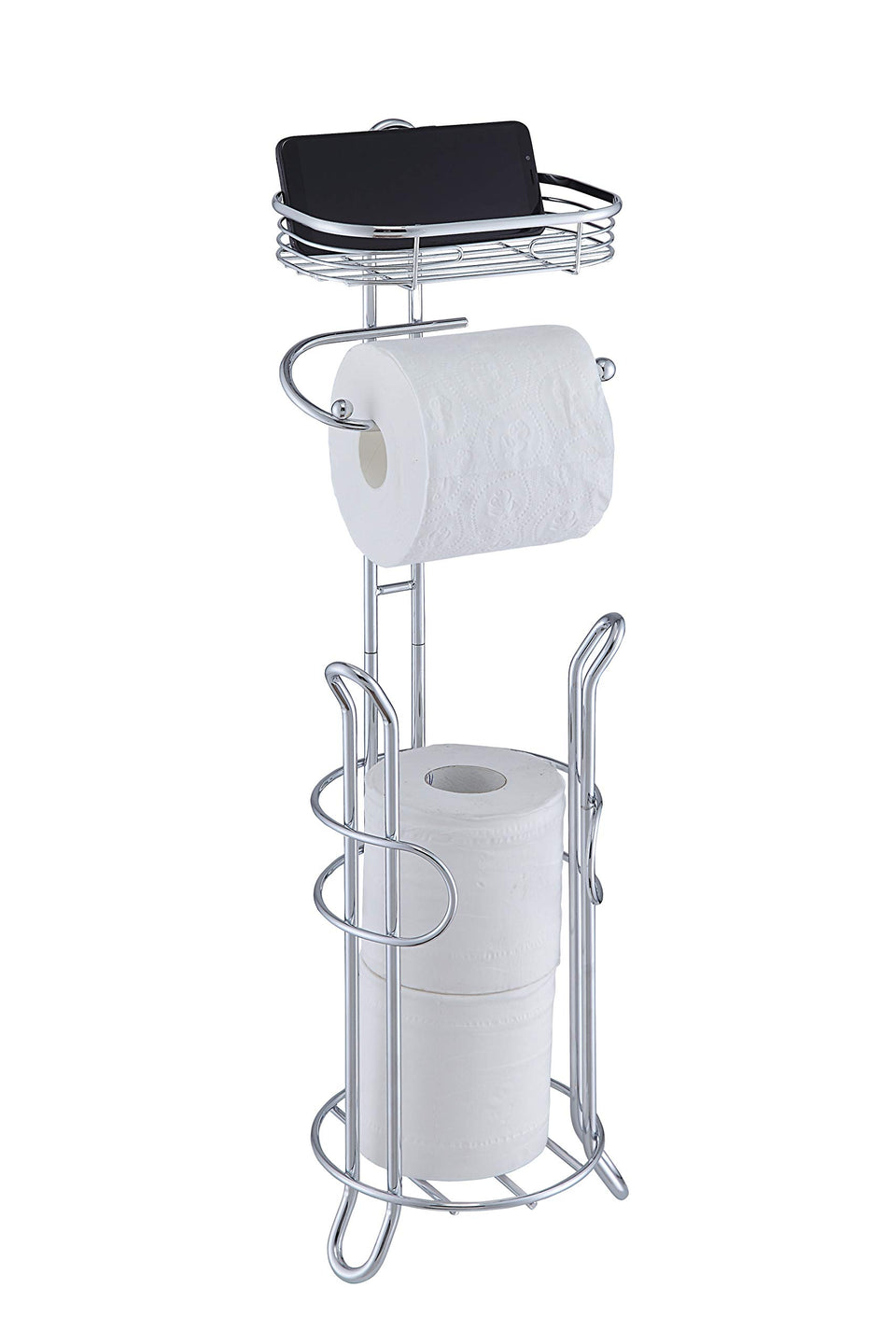 SunnyPoint chrome free-standing toilet tissue stand with reserve stores three mega rolls for convenience