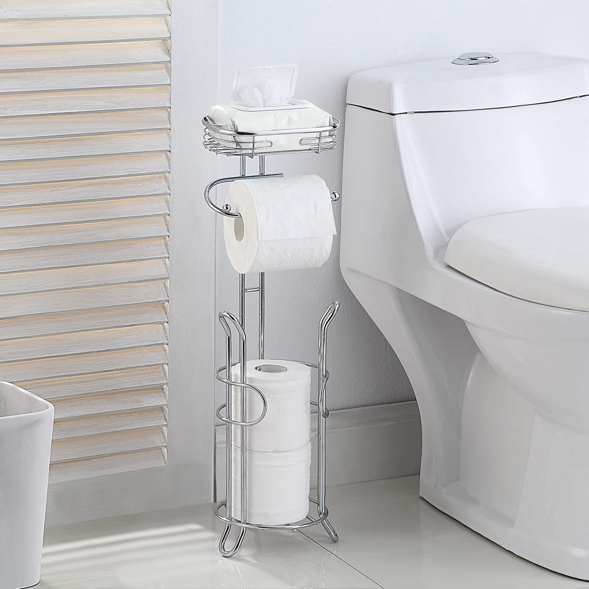 SunnyPoint chrome reserve shelf keeps mega rolls within reach for quick, hassle-free bathroom changes
