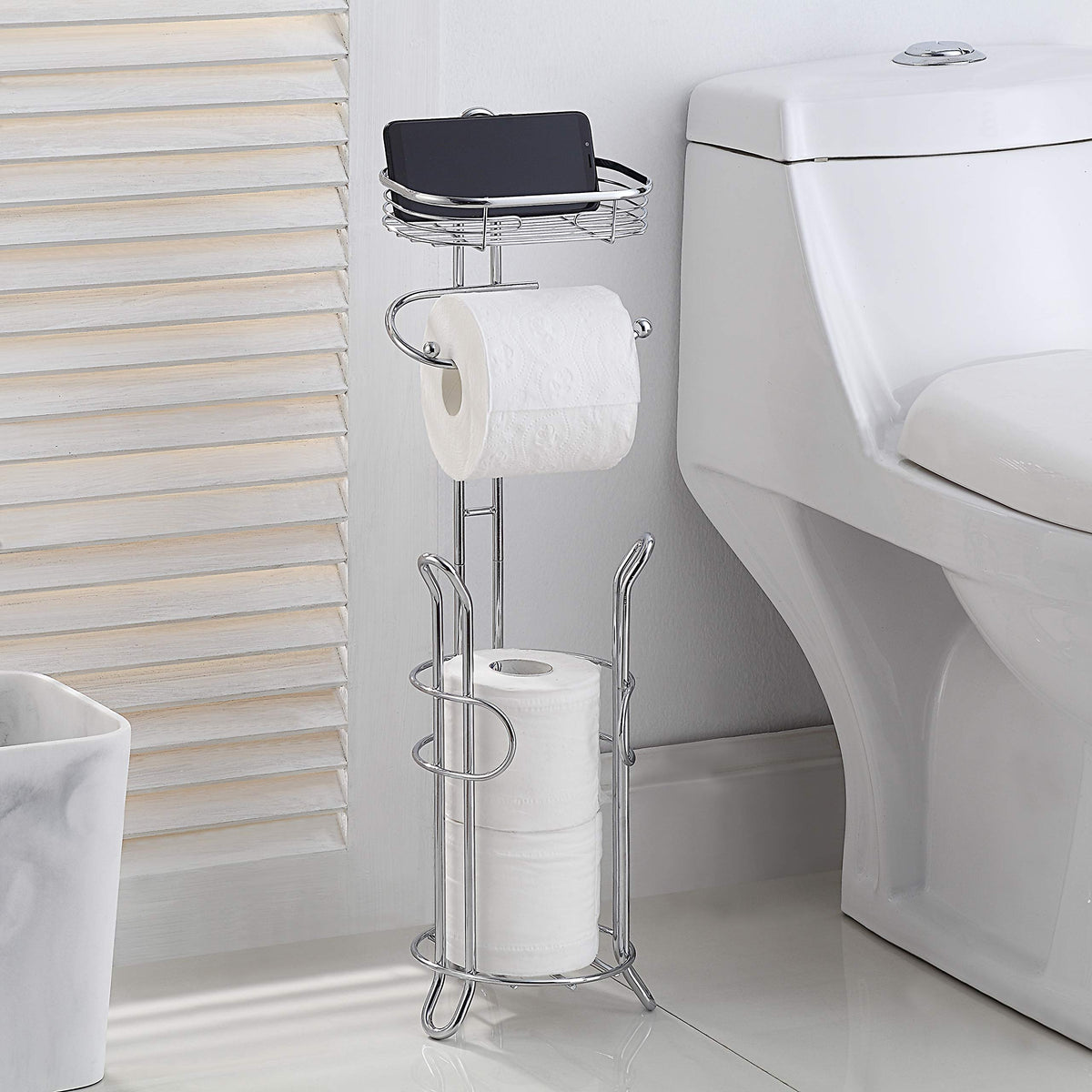 SunnyPoint chrome top basket provides handy storage for small items beside the toilet