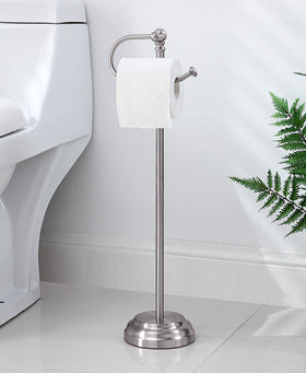 The freestanding stand in brushed chrome sits securely with a weighted base.
