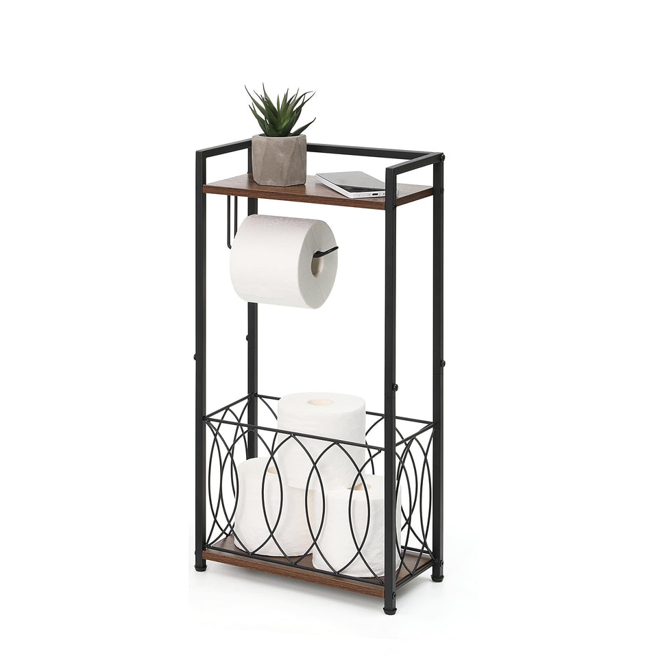 SunnyPoint Classic top shelf toilet paper holder in black for bathroom organization.