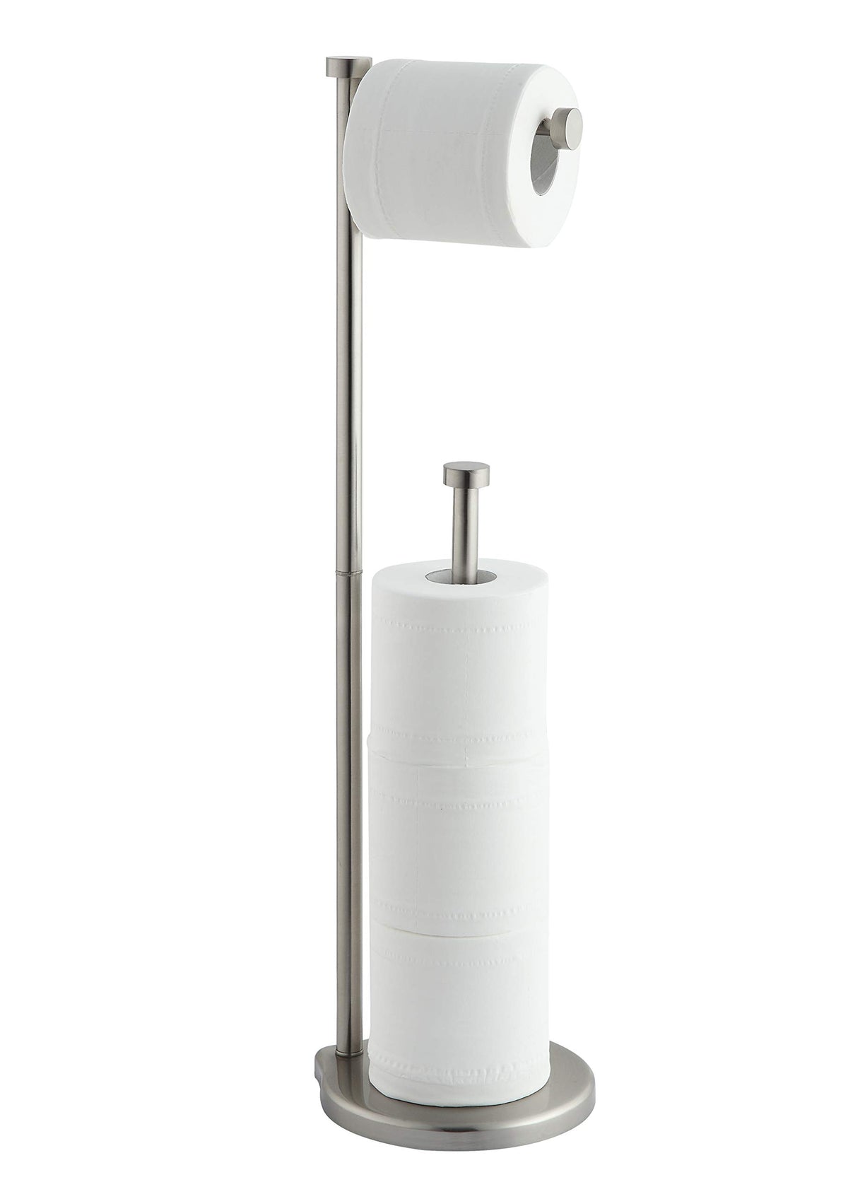 SunnyPoint free-standing toilet paper holder with reserve stands in a modern bathroom
