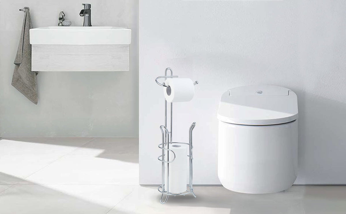 SunnyPoint chrome-finish stand features rust-resistant steel for durable bathroom organization.