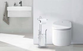 SunnyPoint chrome-finish stand features rust-resistant steel for durable bathroom organization.