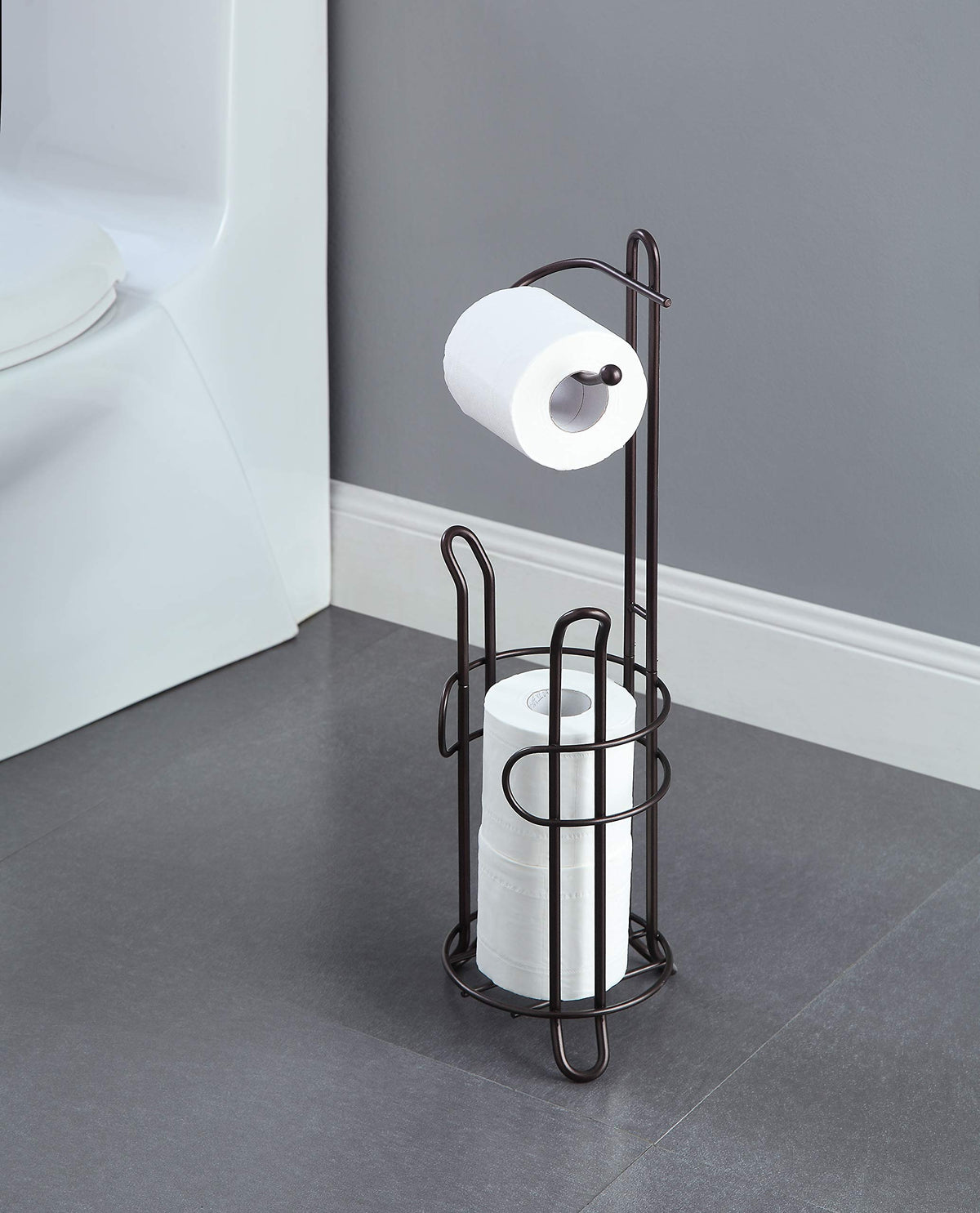 SunnyPoint toilet paper holder stand front view highlights accessible roll and spare storage
