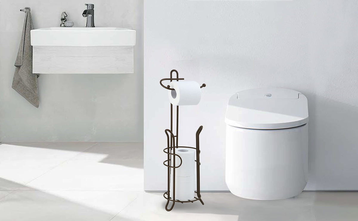 SunnyPoint freestanding holder side view demonstrating slim footprint for small bathrooms