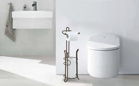 SunnyPoint freestanding holder side view demonstrating slim footprint for small bathrooms