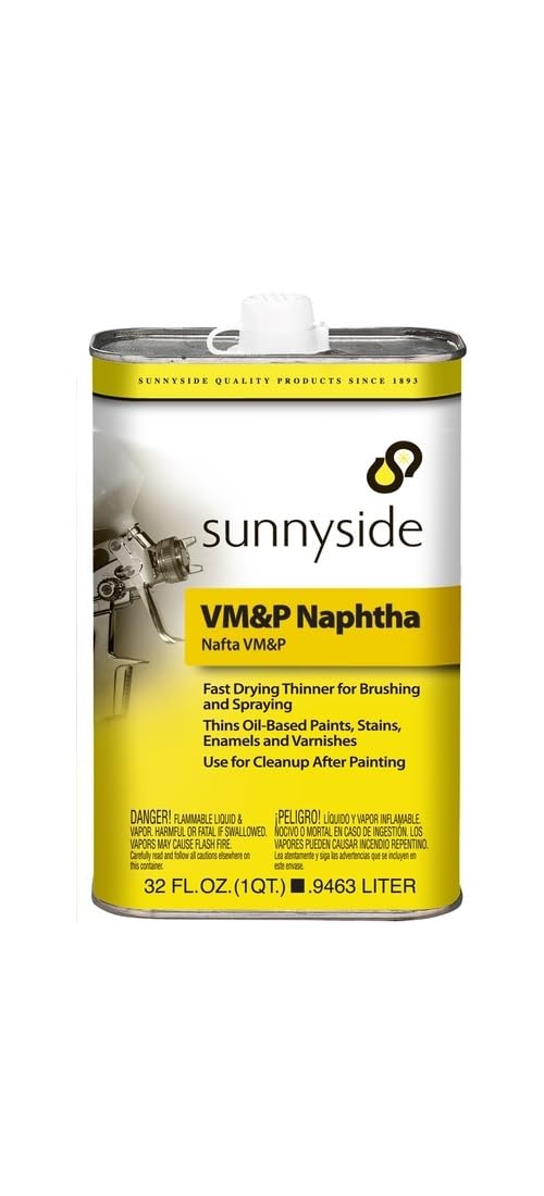 Sunnyside 80032 Naphtha bottle demonstrates fast evaporation for smoother oil-based finishes.