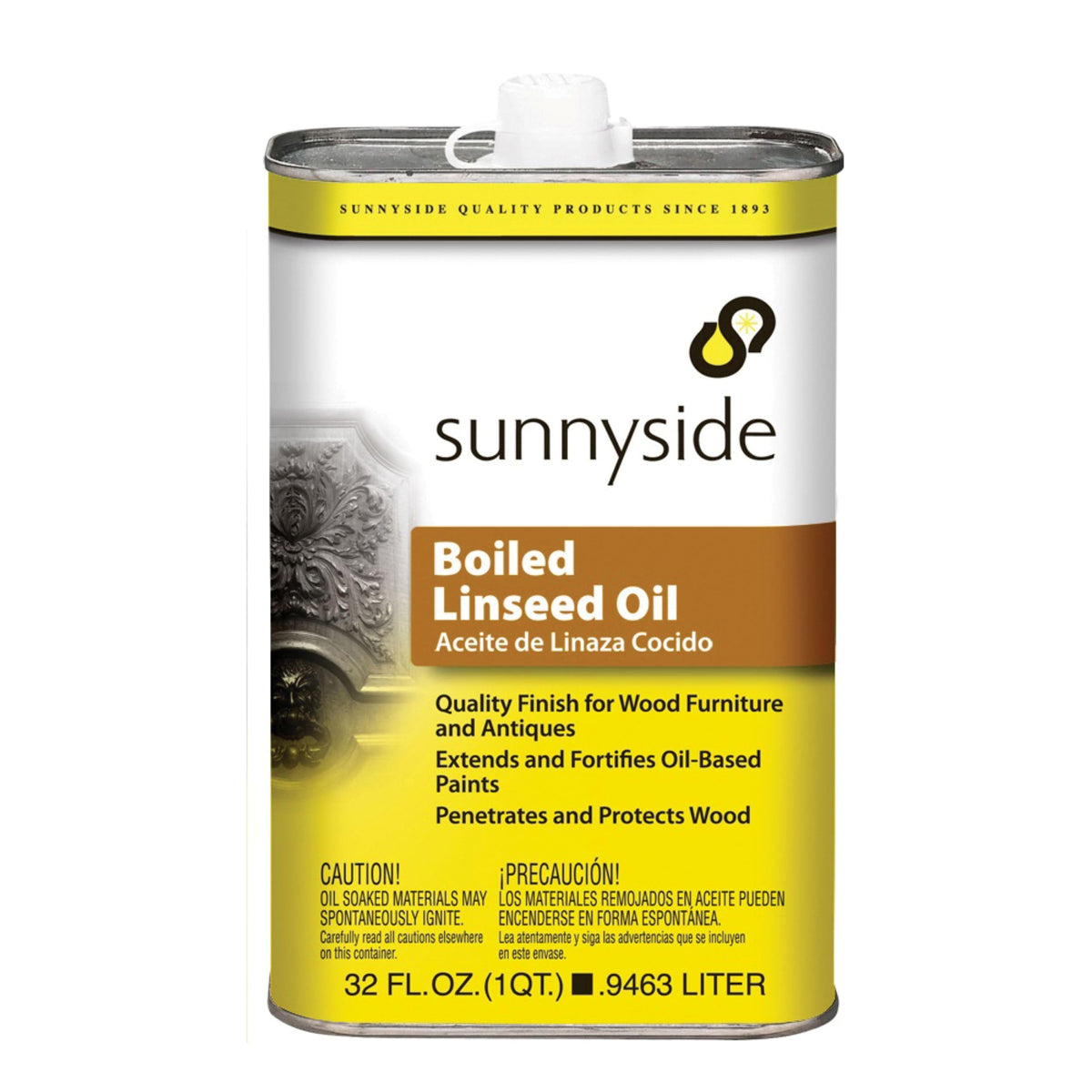 Sunnyside Boiled Linseed Oil bottle enhances wood grain and protects unfinished wood surfaces
