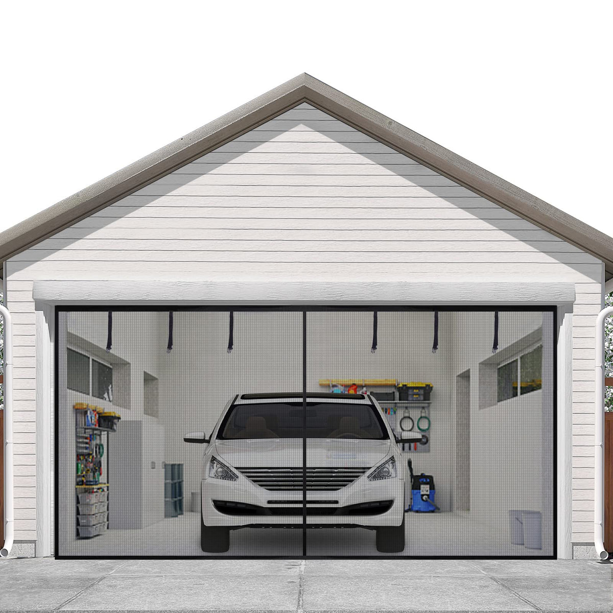 Sunolga magnetic garage door screen 16x7ft closed for easy indoor-outdoor access.