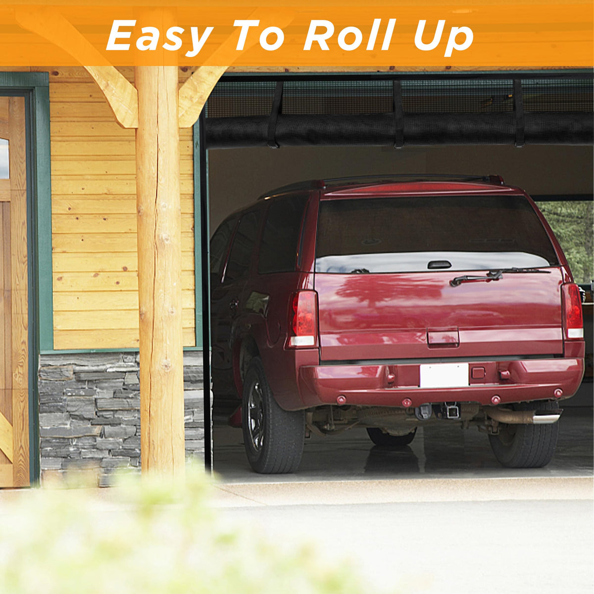 Sunolga garage screen top-straps showing secure roll-up storage and versatility.