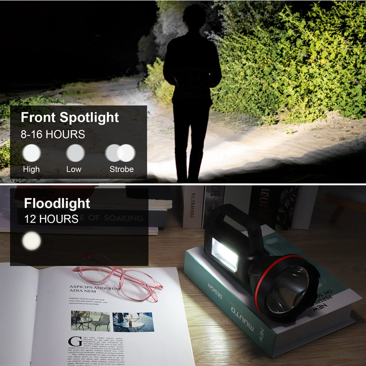 SunPro LED searchlight modes provide flexible brightness for camping and emergencies.