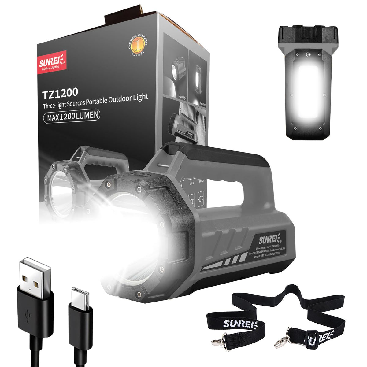 SUNREI rechargeable LED 1500lm flashlight beam for outdoor emergencies.