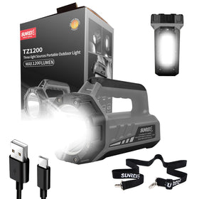 SUNREI rechargeable LED 1500lm flashlight beam for outdoor emergencies.
